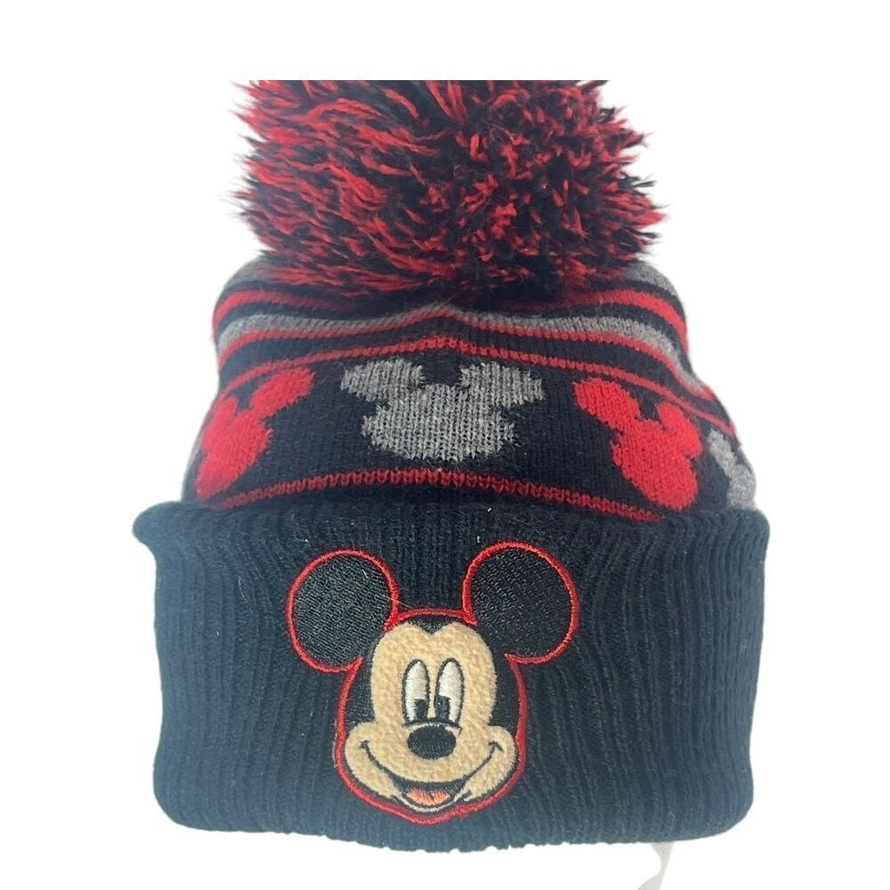 Disney Mickey Embroidered Pom Pom Beanie‎ Hat Graphic Mouse Ears Youth 2T-5T